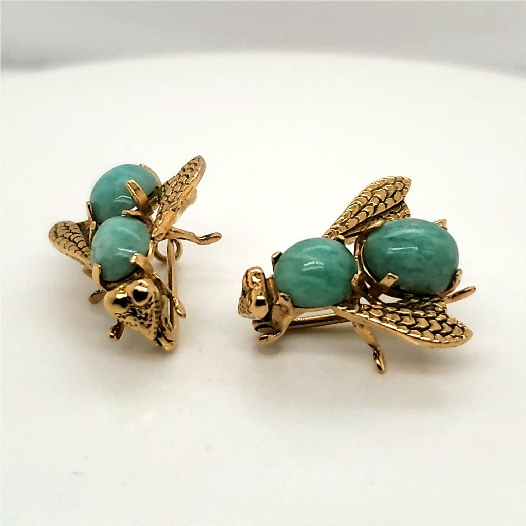 Vintage Set of Two 18Kt Yellow Gold and Turquoise Bee Pins