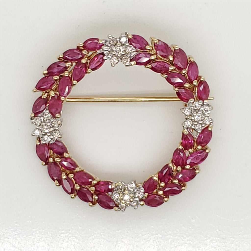 14kt Yellow Gold Ruby and Diamond Circle Brooch