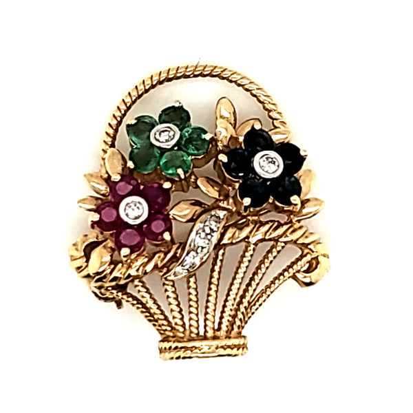 Vintage Mid-Century 14Kt Yellow Gold Diamond Sapphire Emerald and Ruby Flower Basket Brooch