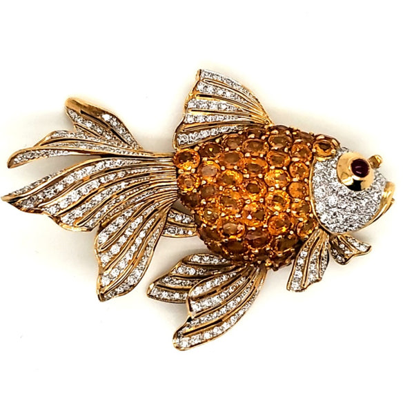 Vintage Articulated 18kt Yellow Gold Citrine Diamond and Ruby Koi Fish Brooch/Pendant