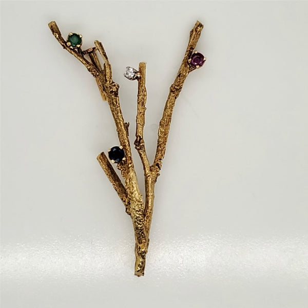 Vintage 18kt Yellow Gold Ruby Sapphire Emerald and Diamond Tree Branch Brooch