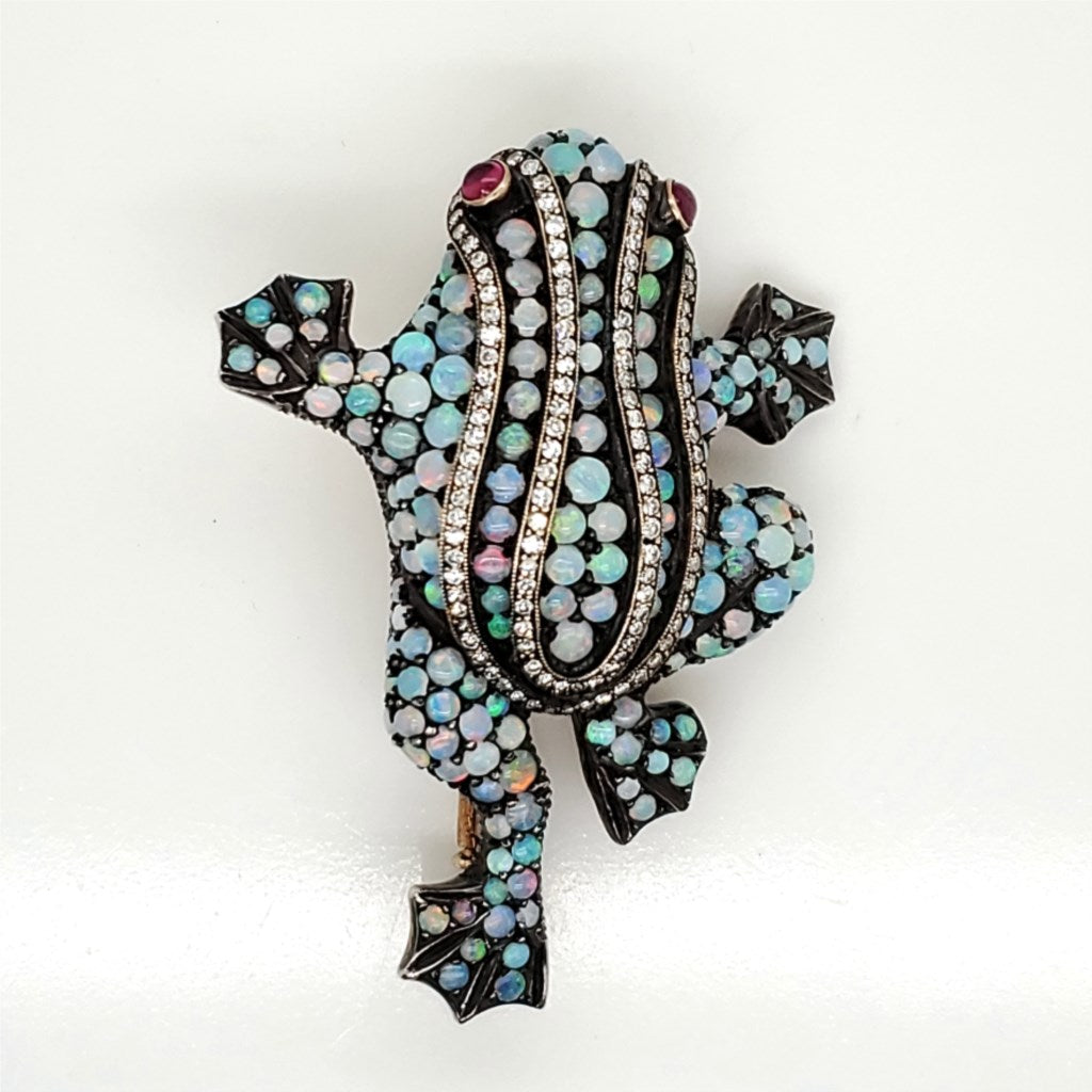 18kt Yellow Gold and Silver Opal Ruby and Diamond Frog Brooch