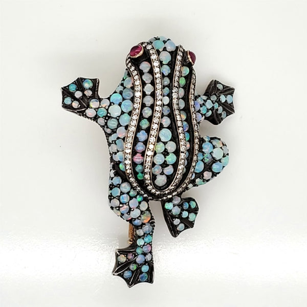 18kt Yellow Gold and Silver Opal Ruby and Diamond Frog Brooch