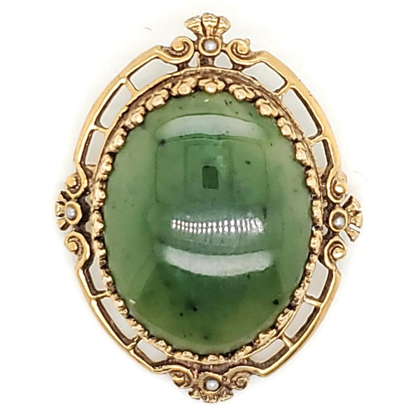 Vintage 14Kt Yellow Gold Nephrite Jade Brooch