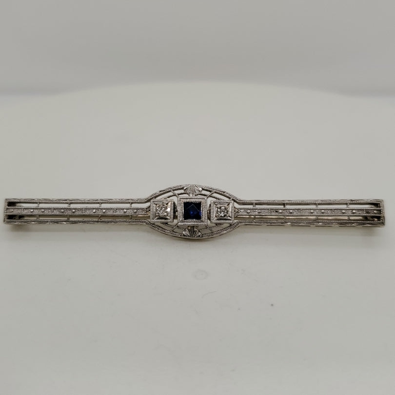 Art Deco 14kt White Gold Filigree Sapphire and Diamond Brooch