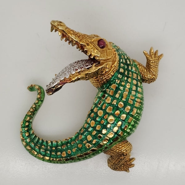 Vintage 18kt Yellow Gold Enamel Diamond and Ruby Alligator Brooch