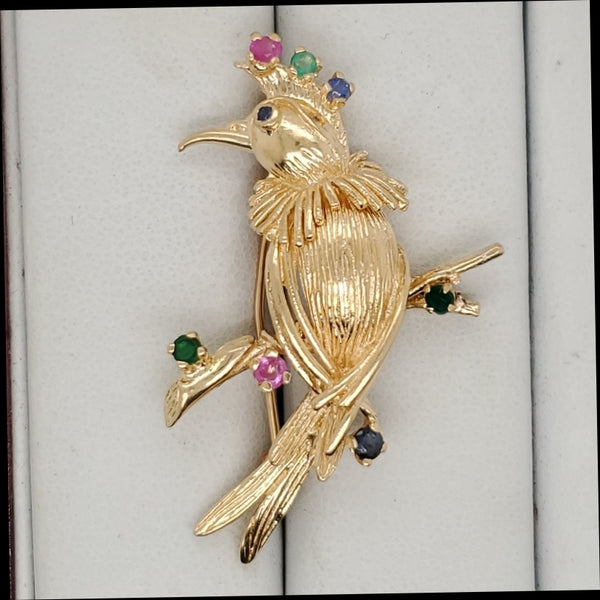 Vintage 14kt Yellow Gold Emerald Sapphire and Ruby Bird Brooch