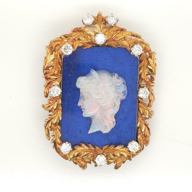 Vintage 17kt Yellow Gold Lapis Opal and Diamond Cameo Brooch
