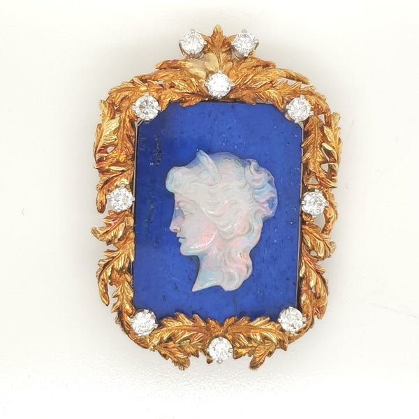 Vintage 17kt Yellow Gold Lapis Opal and Diamond Cameo Brooch