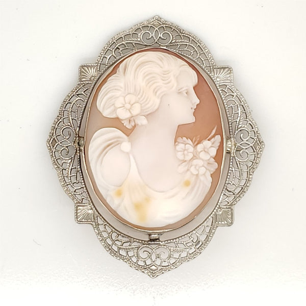 Art Deco 14kt White Gold filigree Cameo Brooch