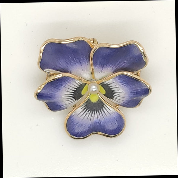 Vintage 14kt Gold and Diamond Enamel Pansy Brooch/Pendant
