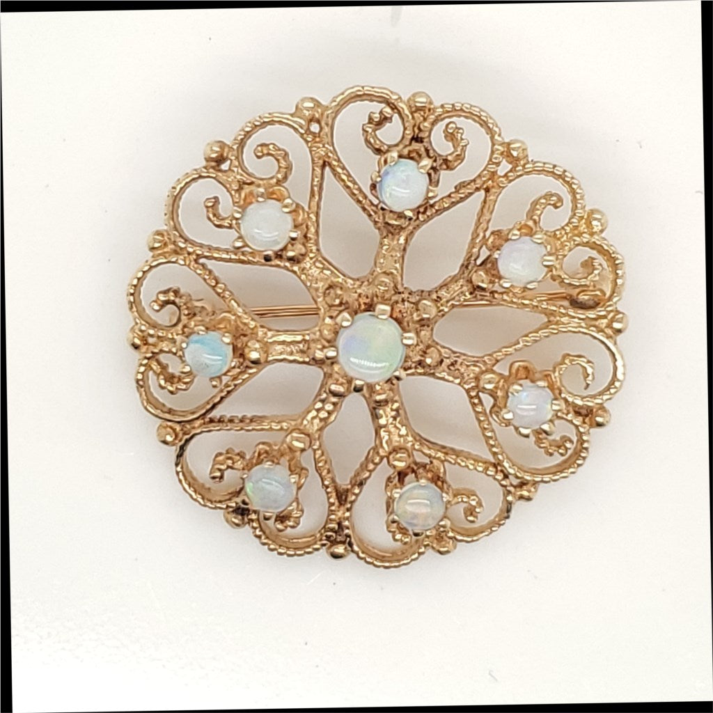 Vintage 14kt Yellow Gold Opal Sunburst Brooch