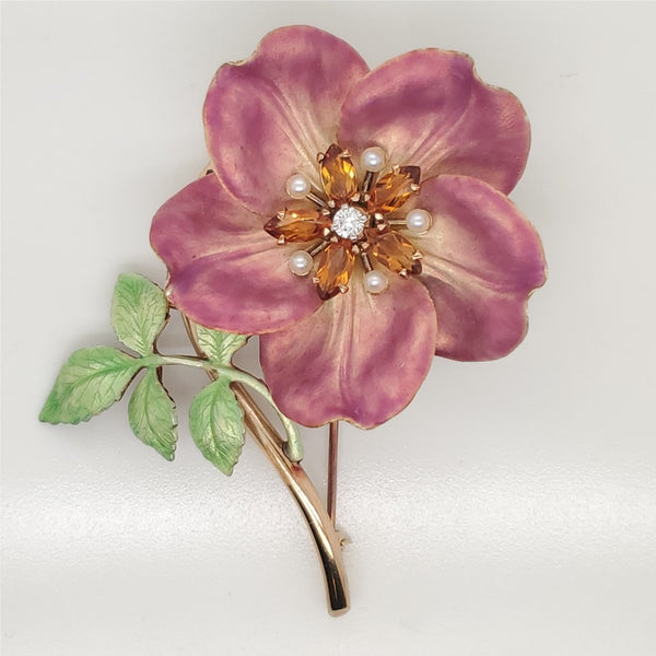 14kt Yellow Gold Enamel Gemstone and Diamond Flower Brooch