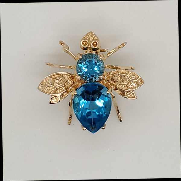 Vintage 14Kt Yellow Gold Blue Topaz Bee Brooch