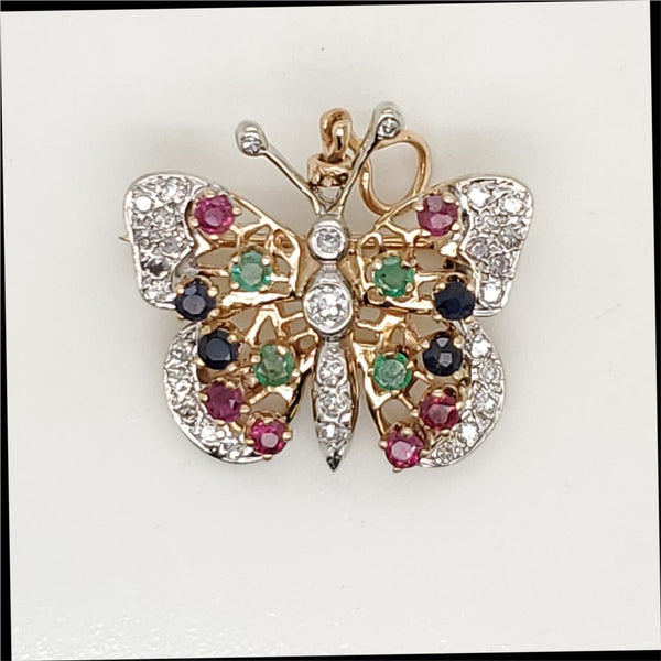 14Kt Gold And Precious Gemstone Butterfly Brooch/Pendant