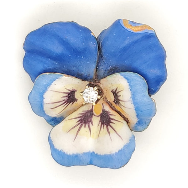 Vintage 14kt Gold and Diamond Enamel Pansy Brooch/Pendant
