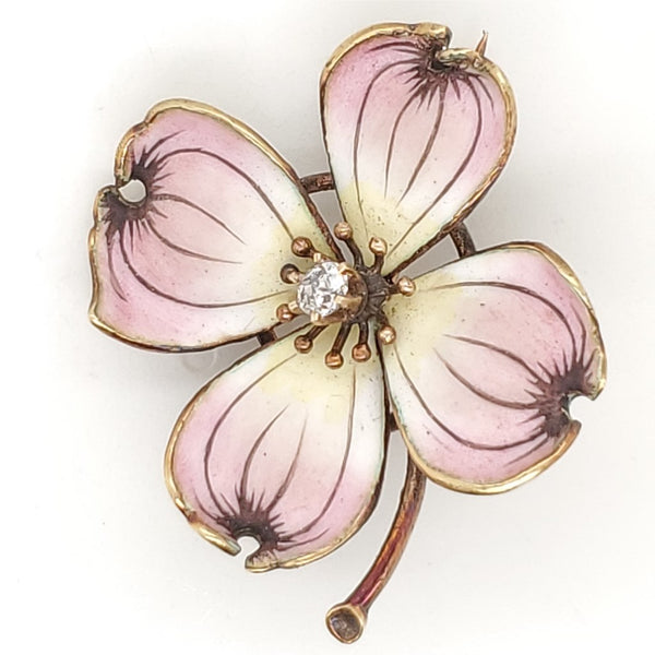 Vintage 14kt Gold and Diamond Enamel Flower Brooch/Pendant