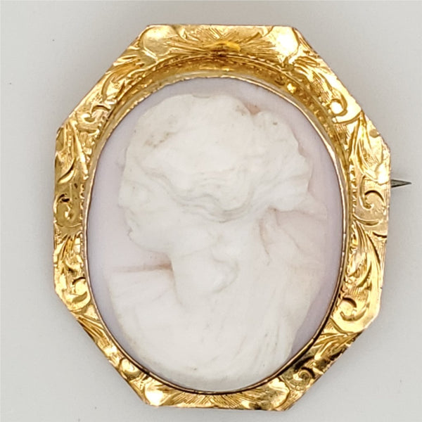 Antique Victorian 10Ktyg Carved Shell Angel Skin Cameo Brooch and Pendant