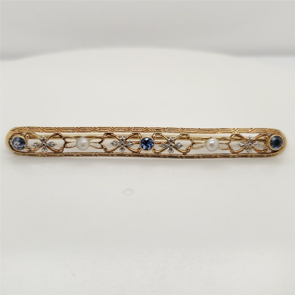 Art Deco 14kt Yellow Gold Filigree Sapphire and Pearl Bar Pin