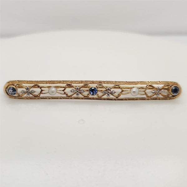 Art Deco 14kt Yellow Gold Filigree Sapphire and Pearl Bar Pin