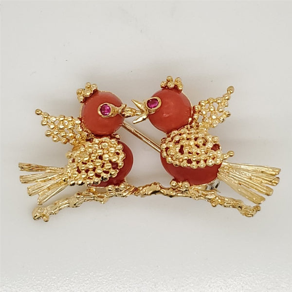 Vintage 18kt Yellow Gold Love Bird Brooch With Coral Body and Ruby Eyes