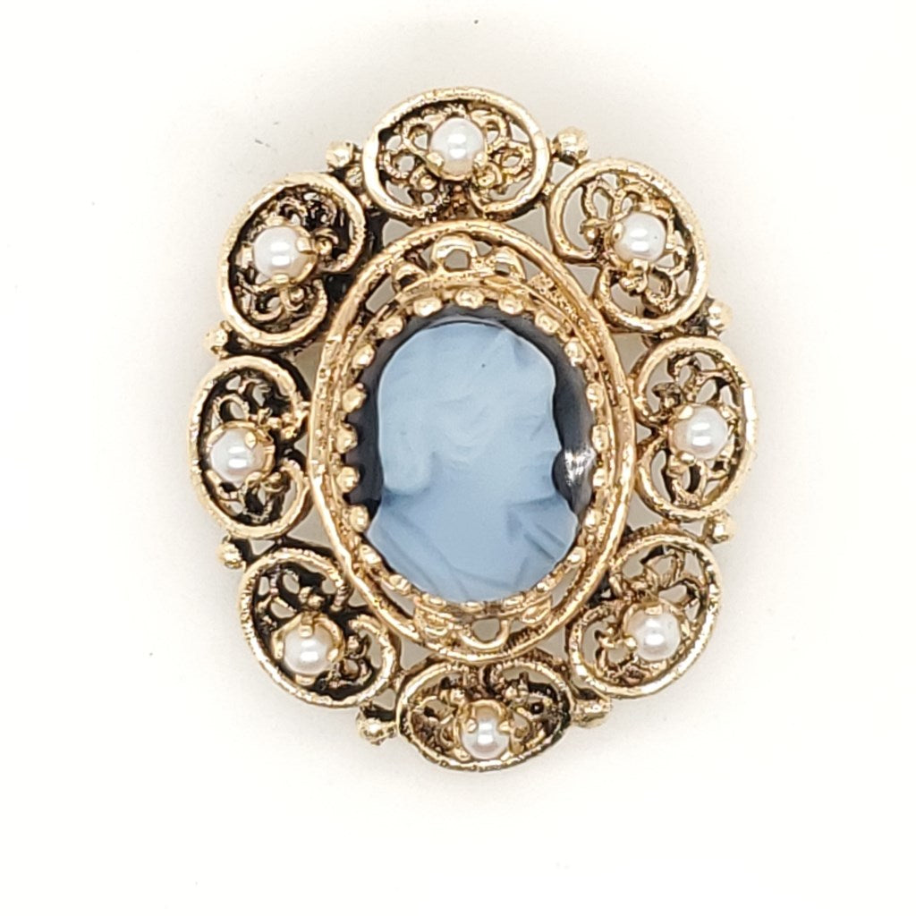 Vintage 14Kt Carved Hard Stone Cameo and Pearl Brooch Pendant
