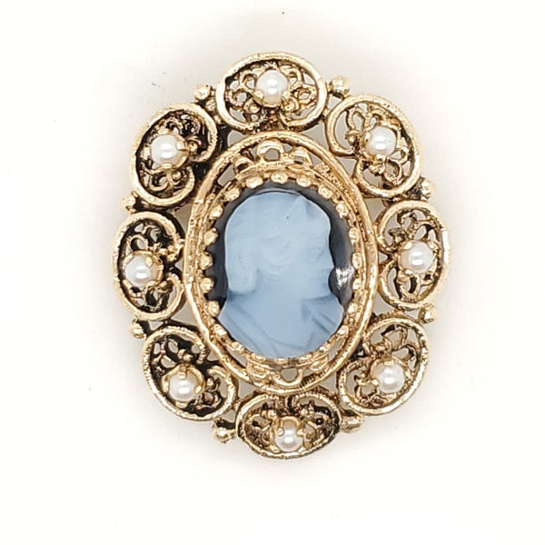 Vintage 14Kt Carved Hard Stone Cameo and Pearl Brooch Pendant