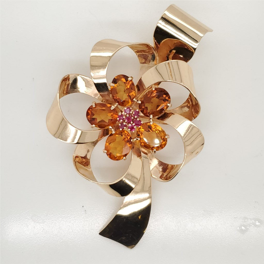 Retro Period 14Kt Yellow Gold Citrine And Ruby Bow Brooch