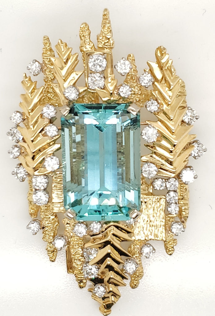 Vintage Peter Lindeman 18kt Yellow Gold Aquamarine and Diamond Brooch