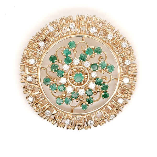 Vintage 14kt Yellow Gold Emerald and Diamond Circle Brooch