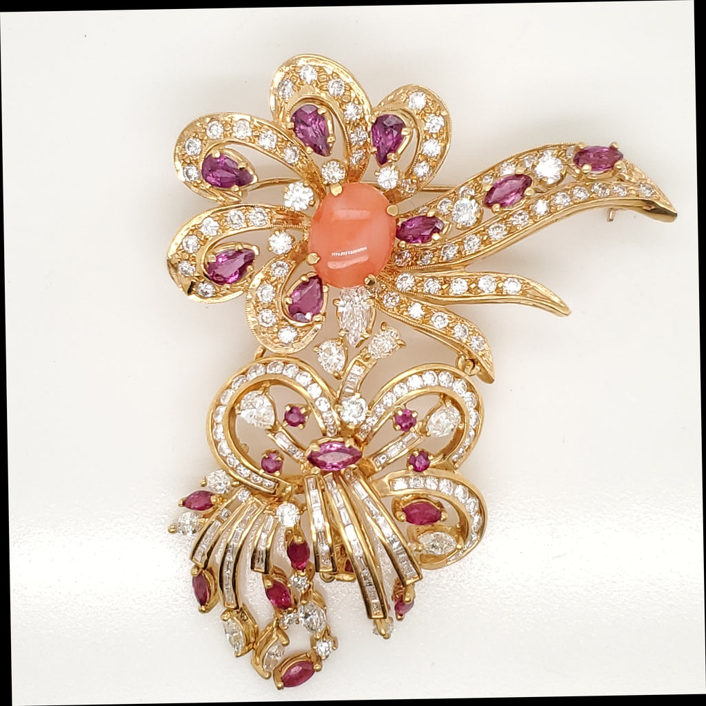 18kt Yellow Gold Coral Ruby and DiamondBrooch