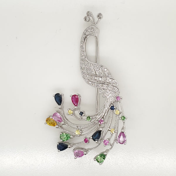 14kt White Gold Diamond and Gemstone Peacock Brooch