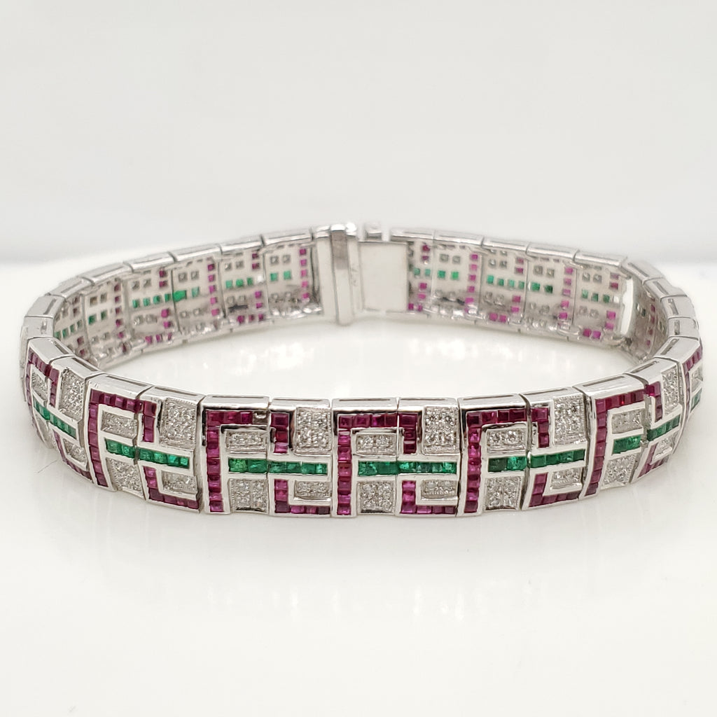 Art Deco Style 18kt White Gold Ruby Emerald and Diamond Bracelet