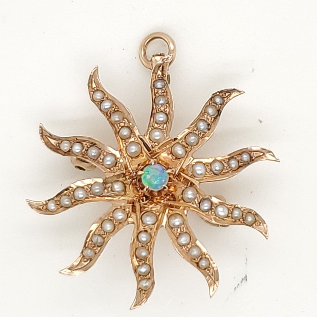 Antique Victorian 14kt Yellow Gold Opal and Seed Pearl Starburst Brooch/Pendant