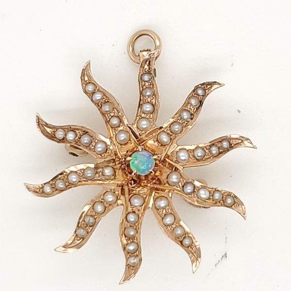 Antique Victorian 14kt Yellow Gold Opal and Seed Pearl Starburst Brooch/Pendant
