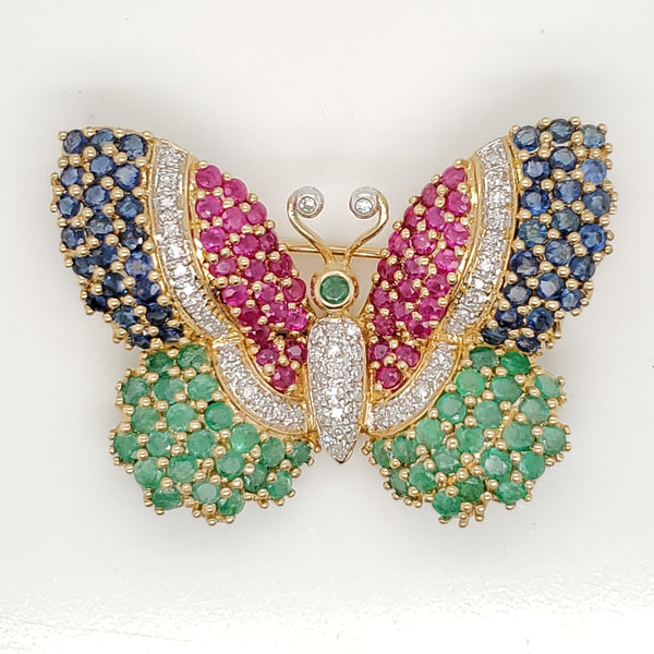 Vintage 14Kt Yellow Gold Diamond Ruby Sapphire And Emerald Butterfly Brooch