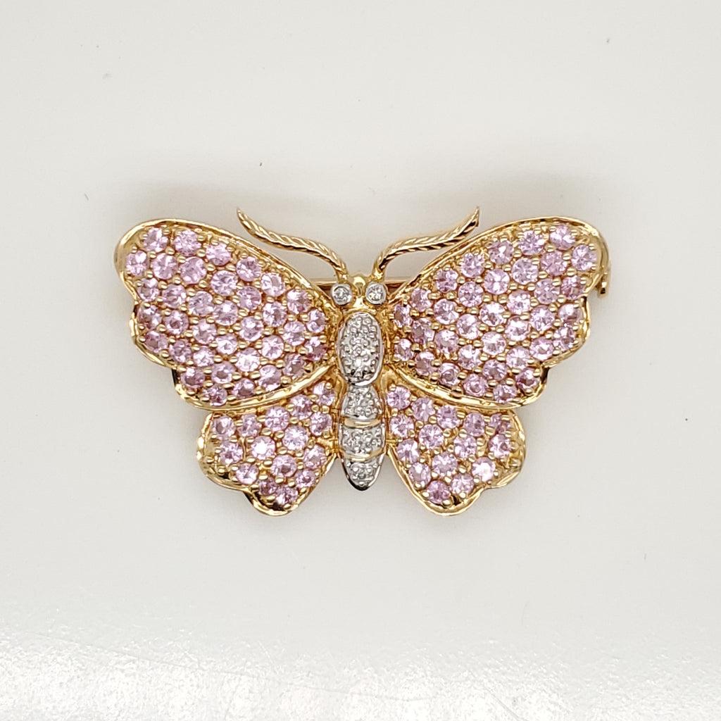 14kt Yellow Gold Pink Topaz and Diamond Butterfly Brooch