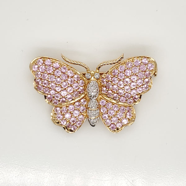 14kt Yellow Gold Pink Topaz and Diamond Butterfly Brooch
