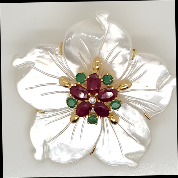 18kt Yellow Gold Mother of Pearl Ruby Emerlad and Diamond Brooch
