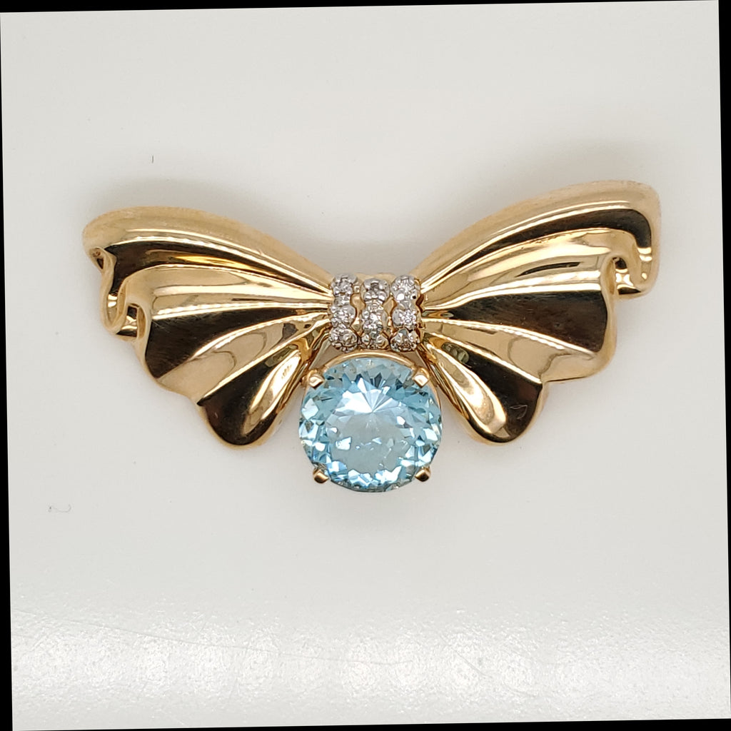 Vintage 14kt Yellow Gold Aquamrine and Diamond Bow Brooch