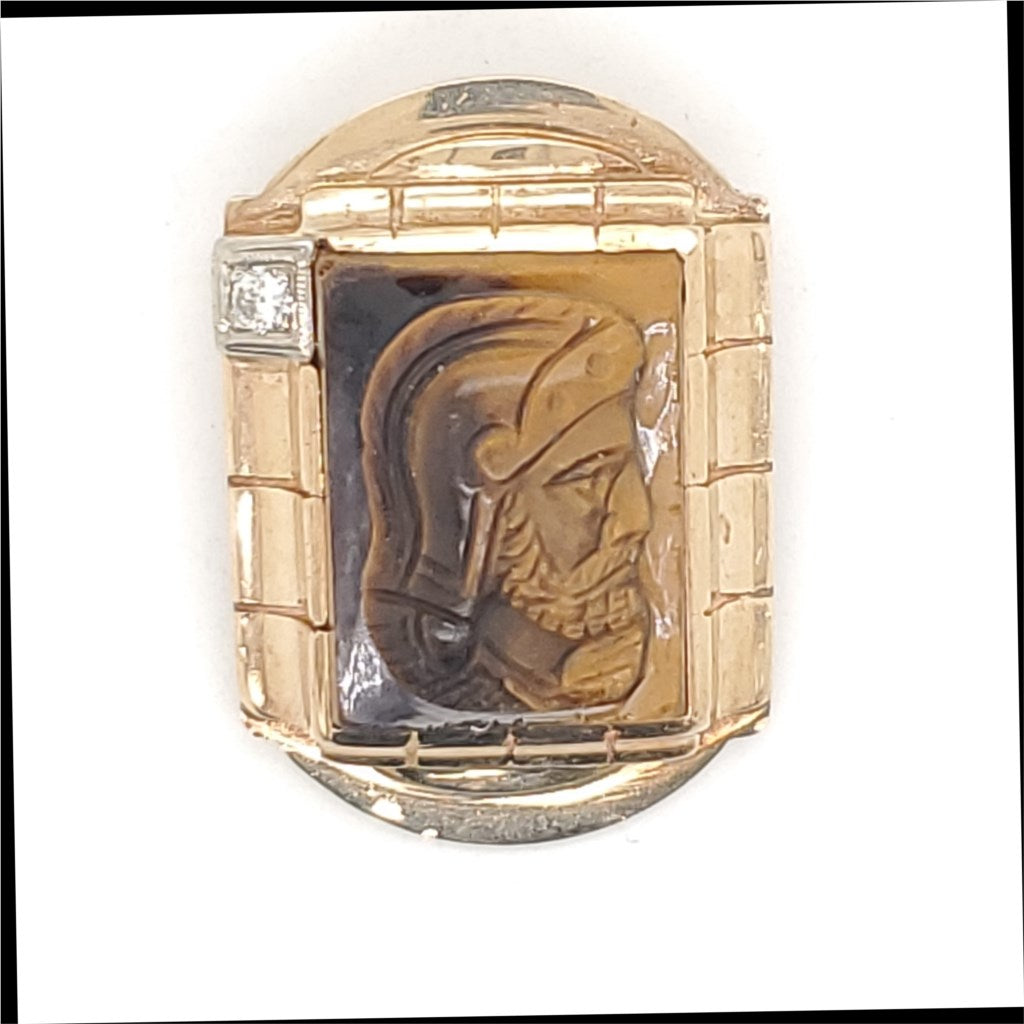 Vintage 1950S 10Kt Yellow  Carved Tigers Eye Cameo Brooch