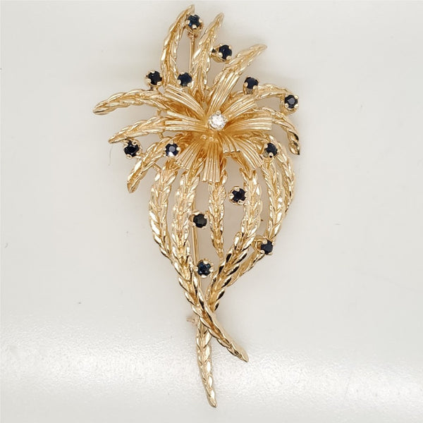 Vintage 14kt Yellow Gold Sapphire and Diamond Brooch