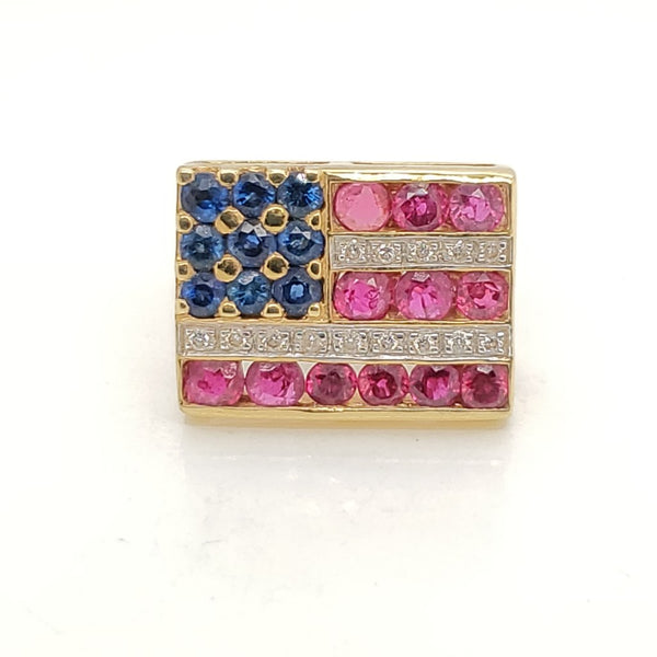 18kt Yellow Gold Diamond Sapphire And Ruby American Flag Brooch