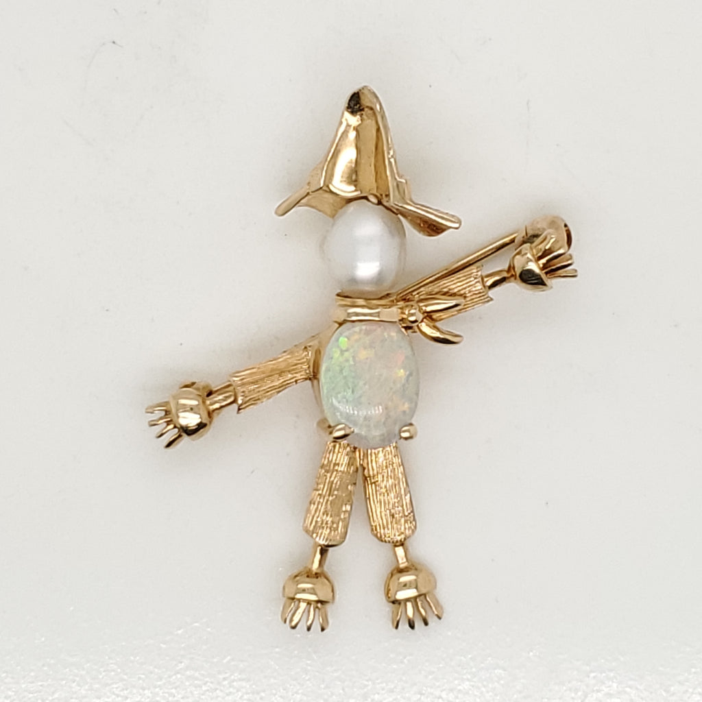 Vintage 14kt Yellow Gold Opal and Pearl Scarecrow Brooch