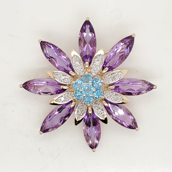 14kt Yellow Gold Gemstone and Diamond Snowflake Brooch