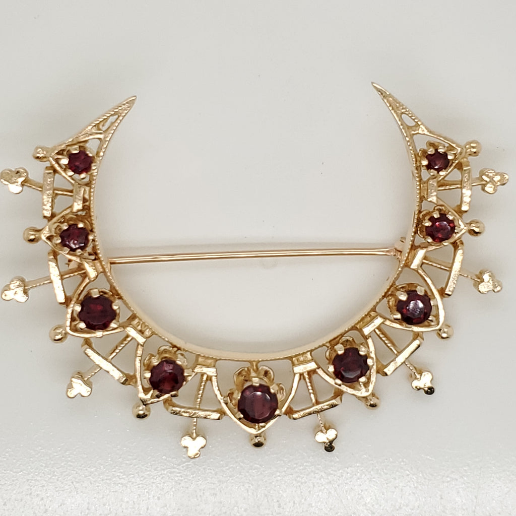 Vintage 14Kt Yellow Gold And Garnet Crescent Brooch