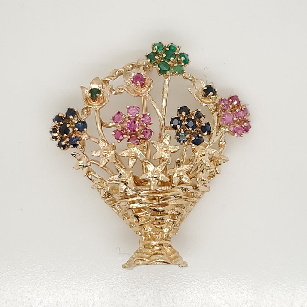 Vintage Mid-Century 14Kt Yellow Gold Emerald Sapphire  And Ruby Flower Basket Brooch