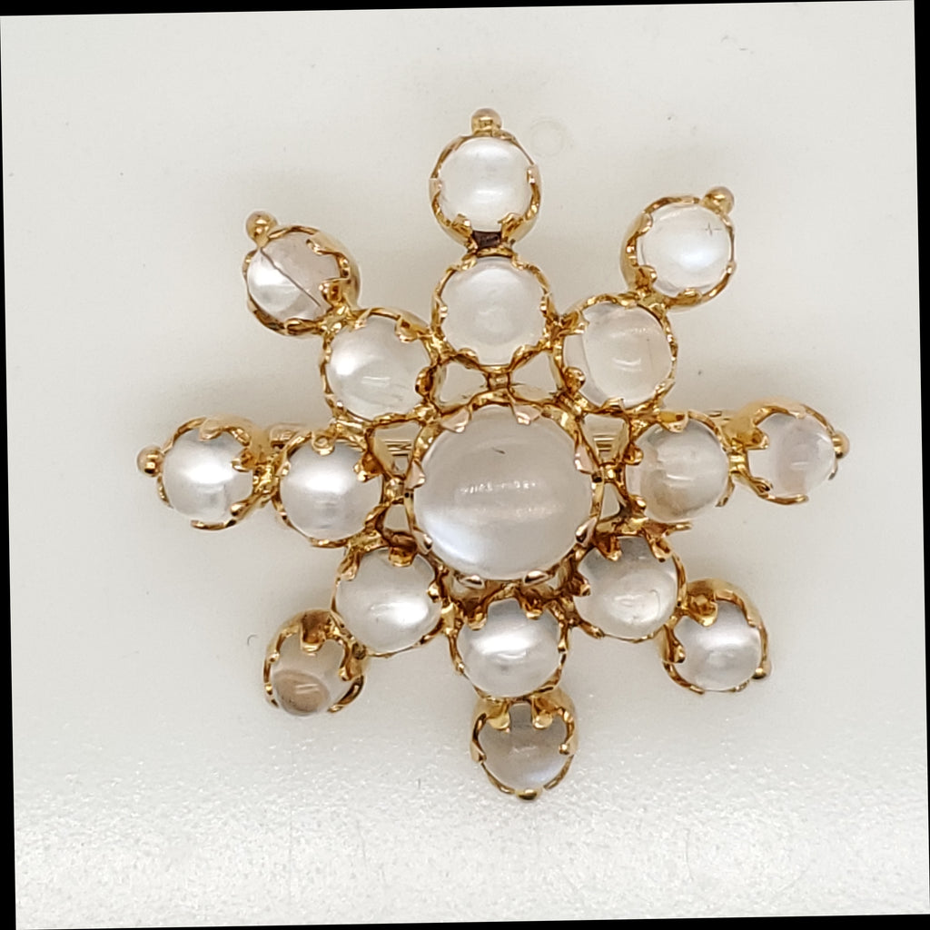 Vintage 14kt Yellow Gold Moonstone Sunburst Brooch
