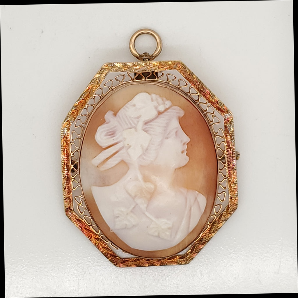 Vintage 14Kt Yellow Gold Carved Shell Cameo Pendant Brooch