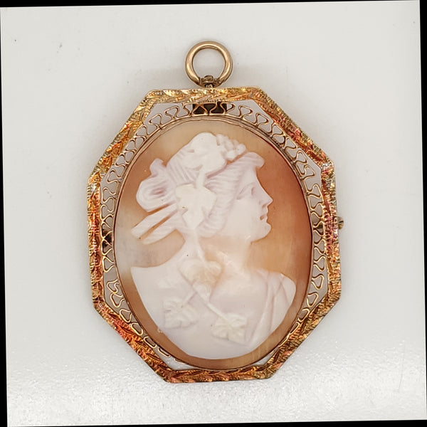 Vintage 14Kt Yellow Gold Carved Shell Cameo Pendant Brooch